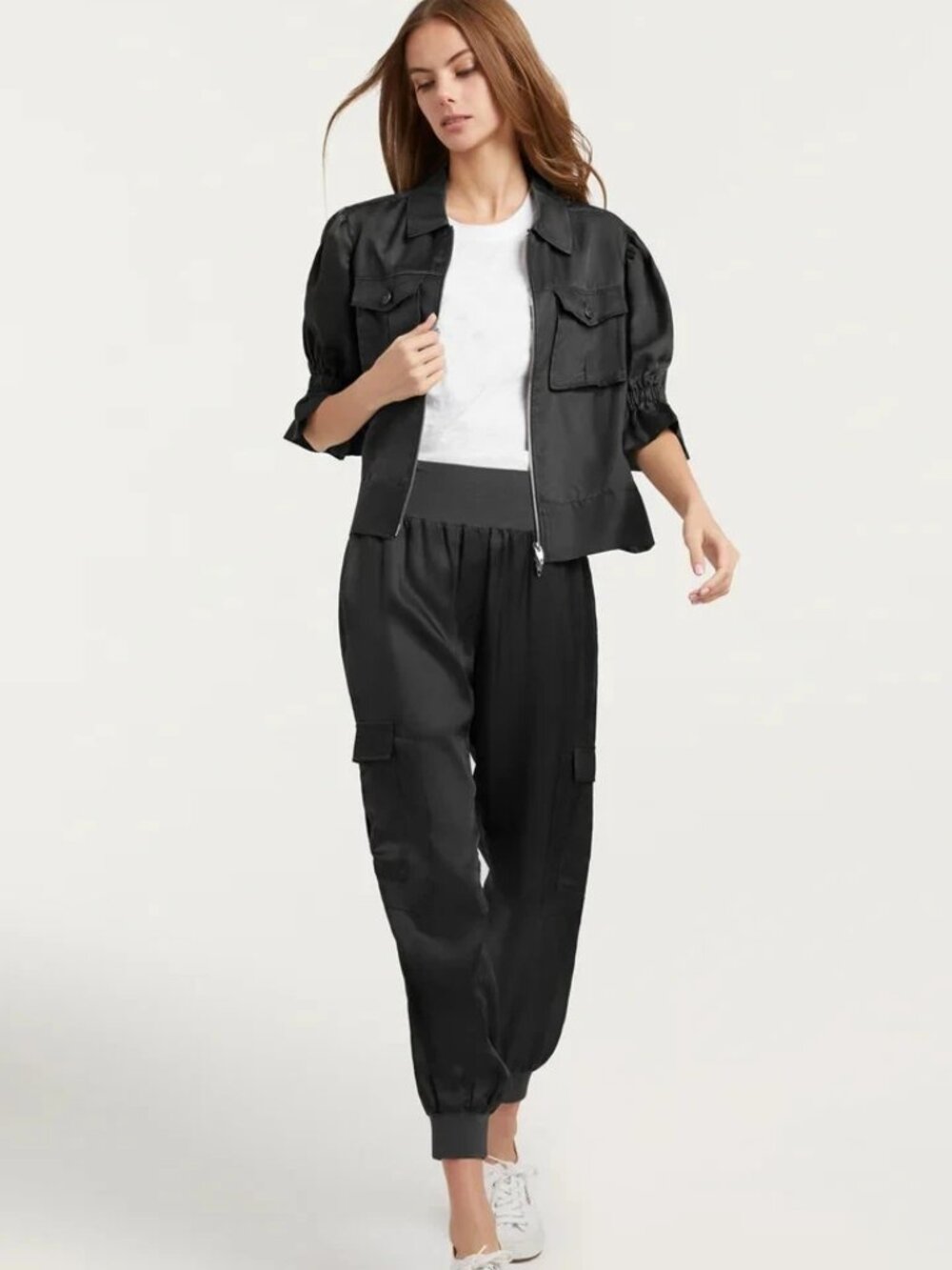 Cinq a Sept Giles Pants Sz L Satin Cargo Jogger Black Minimalist Quiet Luxury